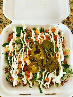 Asada fries, with all of Asada's fixings