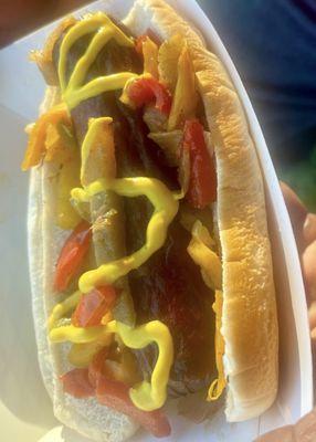 Hot dog with mustard and fixings