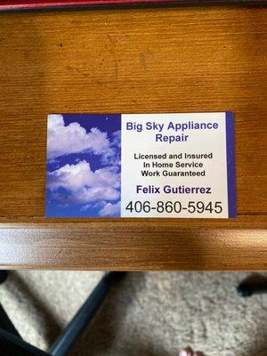 Big Sky Appliance Repair business card