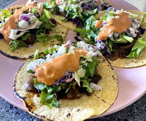 Shroom Tacos!
Corn Tortillas, Organic Mushrooms, House Slaw,
Green Onions, & Signature Sauce!