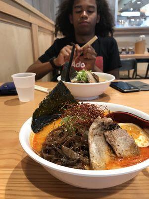 Spicy & non-spicy Tonkotsu ramen.