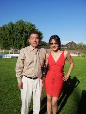 Herve Bright Poppy Pasha dress, at a family wedding in Malibu Vineyards, with my brother...