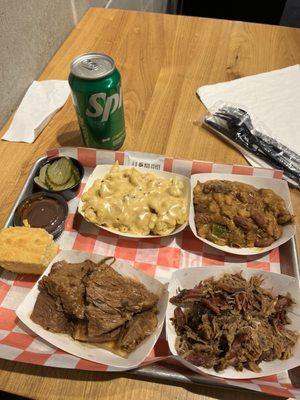 Two Meat Dinner with brisket, pulled pork, baked beans, and mac&cheese