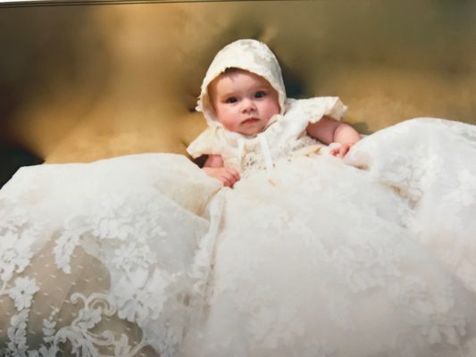 Beautiful Christening gown and bonnet made from Mom's wedding gown.