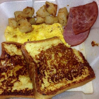 French toast, turkey ham, home fries, and cheese eggs!!