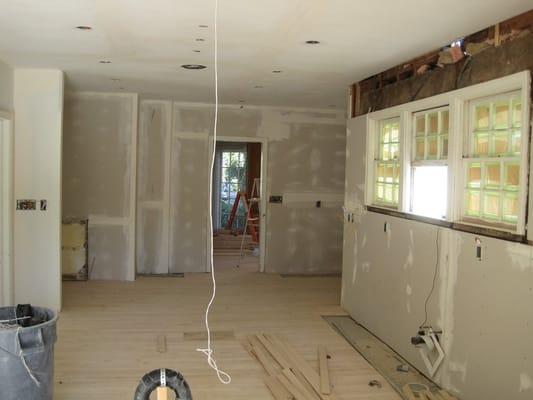 Kitchen area drywall is up