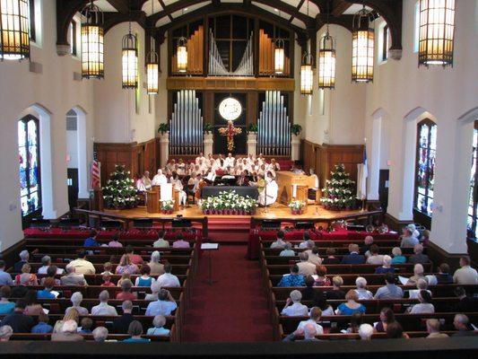 Our Sanctuary during Easter worship. This view is from our balcony at the rear of the Sanctuary.