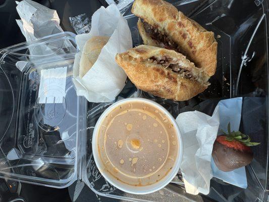 Brisket grilled cheese, lobster bisque, chocolate covered strawberry, bread roll.