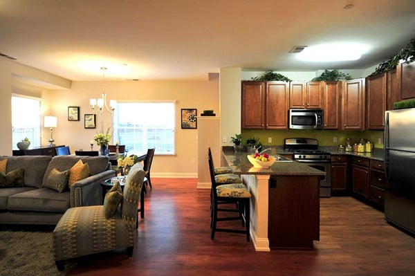 Townhome living area and kitchen.