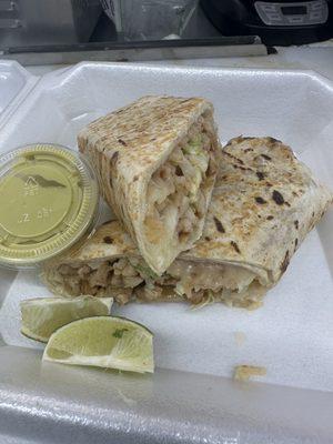 Chicken  burrito  and creamy green salsa