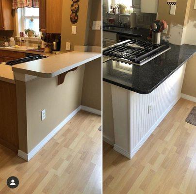 Before & After: lowered countertop, new countertop, and wainscoting