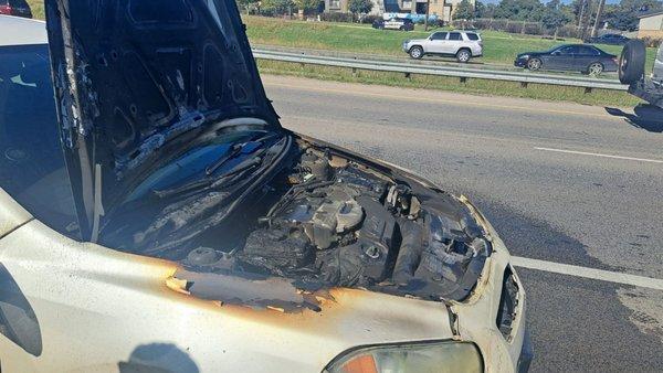 The end result of engine after the car caught fire at the At driving in san antonio tx/rolling oaks mall location