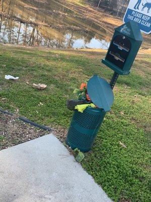 Overflowing dog poop bins.   MULTIPLE TIMES