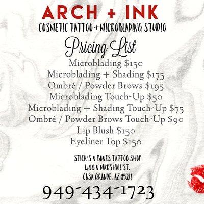 Arch and Ink Permanent Makeup Price List. Book your appointment today!