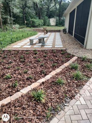 Asiatic Jasmine, pine mulch, edging and pallets