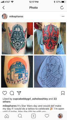 Star Wars fans, come see Mike for your next tattoo. He has designs ready to go or he can create something just for you.