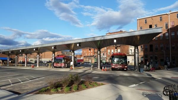 Buses pulling into the terminals