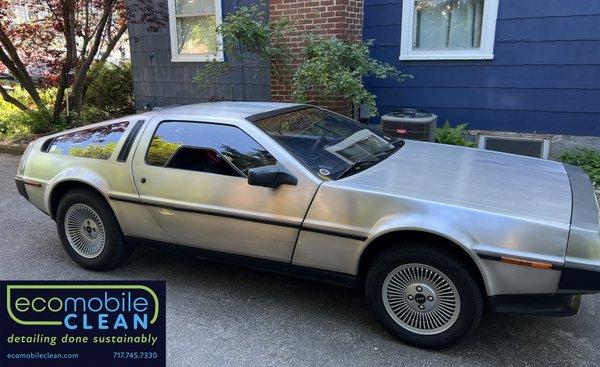 Freshly polished stainless-steel body of this 1981 DeLorean.