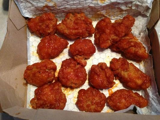 Not cool, after a 20 min. wait for a 14pc. boneless wings order, I received 13 dry and barely sauced seemingly day old wings.