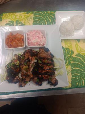 BBQ chicken, potato crab salad, kim chee