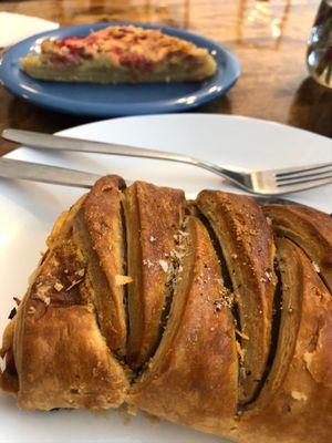 A savory ham and cheese and in the background, a strawberry rhubarb delight.