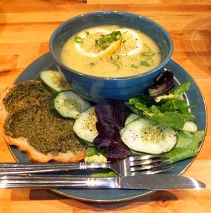 Summer Squash Soup with Salad and Pesto Toast