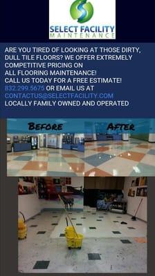 SFM offers complete flooring maintenance on hard surface flooring and carpet! Call us today for a free estimate!