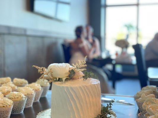 Wedding cake and cupcakes