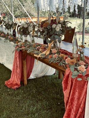 Lush bridal table with Terra Cotta Velvet and eucalyptus/flowers