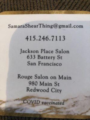 Contact card for best stylist in this area and the region.