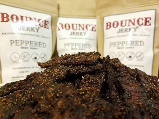 Our Peppered jerky. Natural cracked black pepper over cherry wood smoked beef. The fresh pepper creates a wonderful spicy flavor.