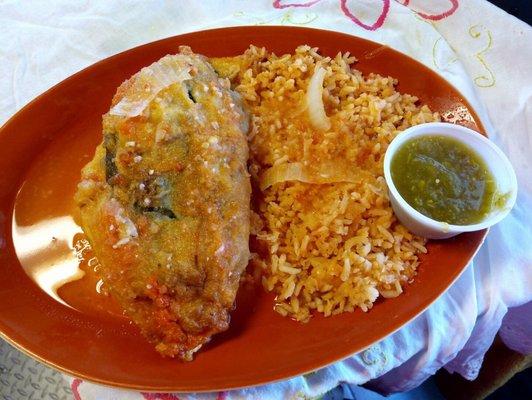 Chile's rellenos is stuffed pepper fried with an egg batter with Mexican cheese inside. Really good!