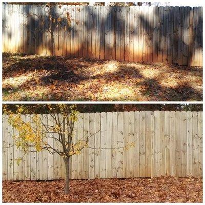 Play stains and organic material on a wood fence. Then washed and treated; before and after photo