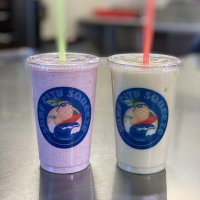 Strawberry Banana and Pineapple Coconut Orange smoothies from Surf City Squeeze!