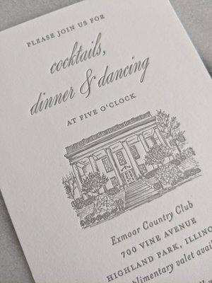 venue illustration of Exmoor Country Club, letterpress printed on cotton stock