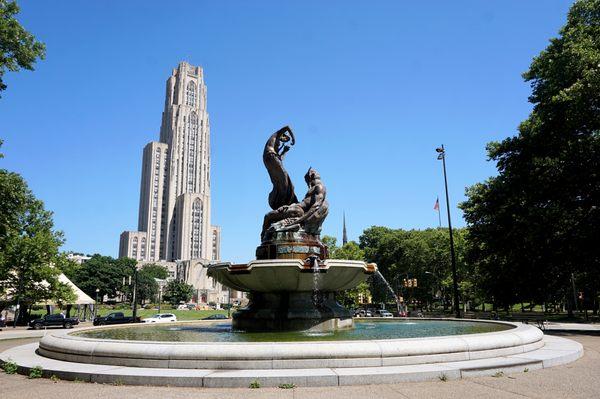 Mary Schenley Memorial Fountain and Cathedral of Learning.