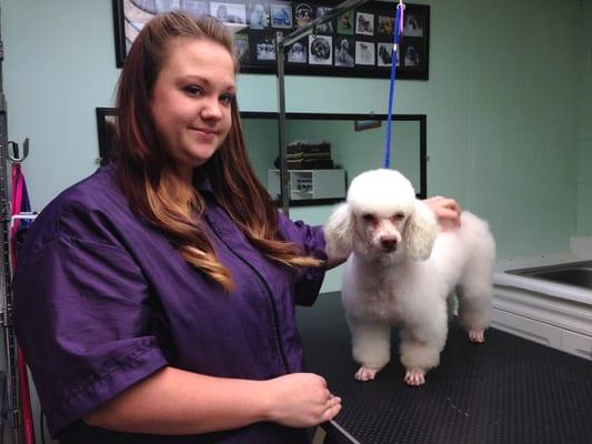 Our wonderful, caring groomer, Heather, seen here with Percy.