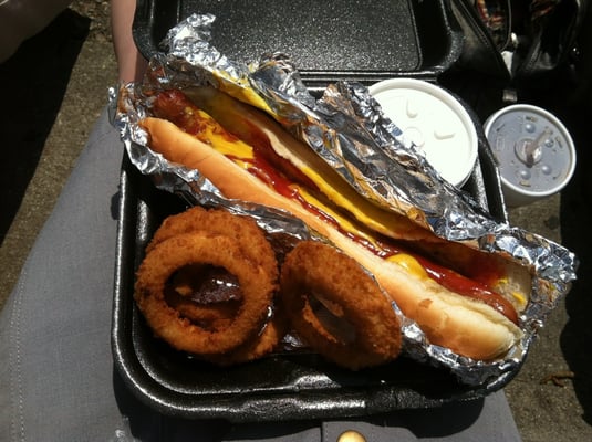 Footlong hotdog combo with onion rings, slaw, and a large Diet Coke! $3.99 combo of joy