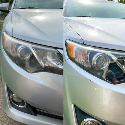 Before and after Camry passenger side headlight restoration