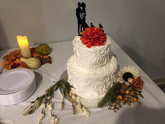 Elegant wedding cake at a sweet, simple home ceremony and celebration.