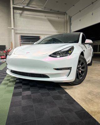 Color-change paint protection film, window tint, painted calipers, and a ceramic coating on a Tesla Model 3!