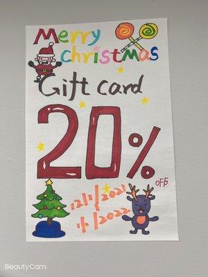 Gift card 20%off.A rare opportunity. You can give yourself a gift. For friends .There is no expiration time