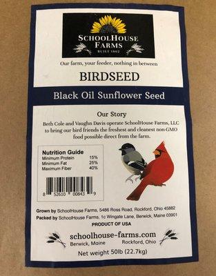 Locally grown birdseed from SchoolHouse Farms near the corner of Rts 117 and 127 between Rockford and Spencerville, OH.  Shop Local!