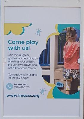 Come play with us! Join the laughter, games, and  learning by enrolling your child in the Longwood Medical Childcare Center.