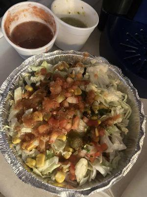 Veggie rice bowl, hot  salsa and salsa verde