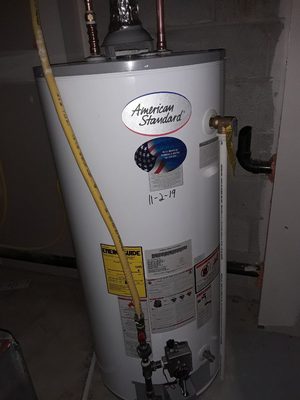 New 40 gallon gas water heater installed with a new expansion tank and new copper fittings with a 6 year warranty