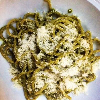 Home Made Spaghetti with fresh tomato sauce and basil pesto