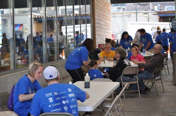 Walkers return for a family-style breakfast in mobank Brookside's glass-walled drive-thru. (April 2011)