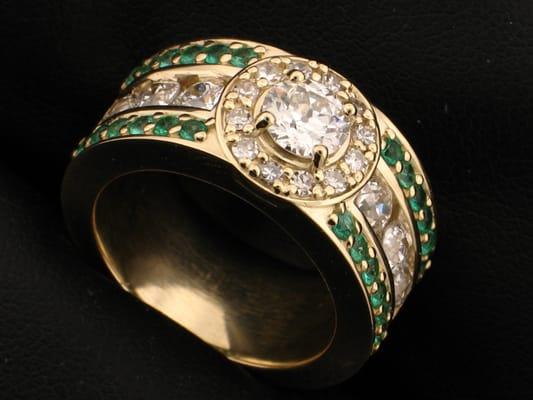 Custom ring using customers 2.20cts of antique cut diamonds and we supplied 0.55cts of diamond cut emeralds