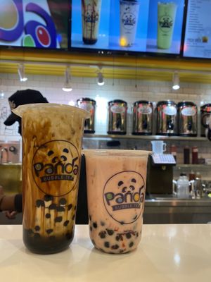 black sugar milk tea (med) and strawberry milk tea (sm)